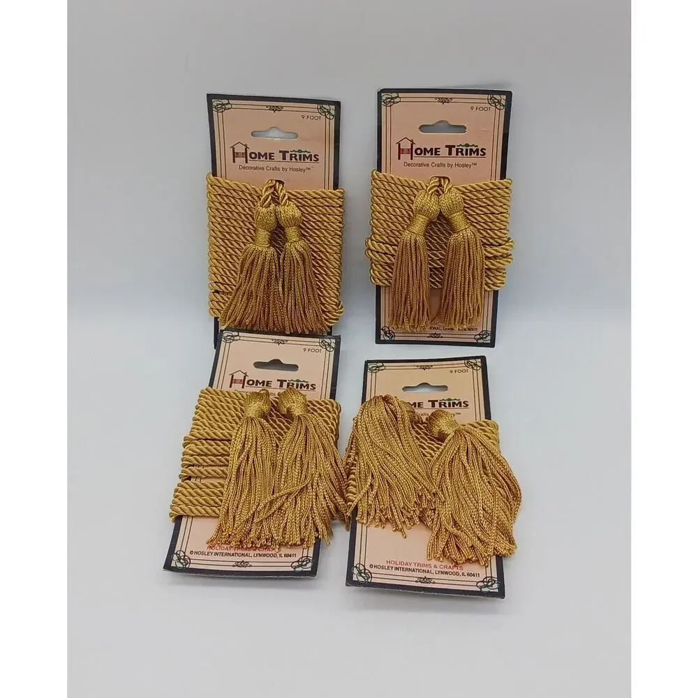 Set Lot of 4 Gold Colored Tassels 9 Foot Cord Home Trims Hosley Decorative Craft